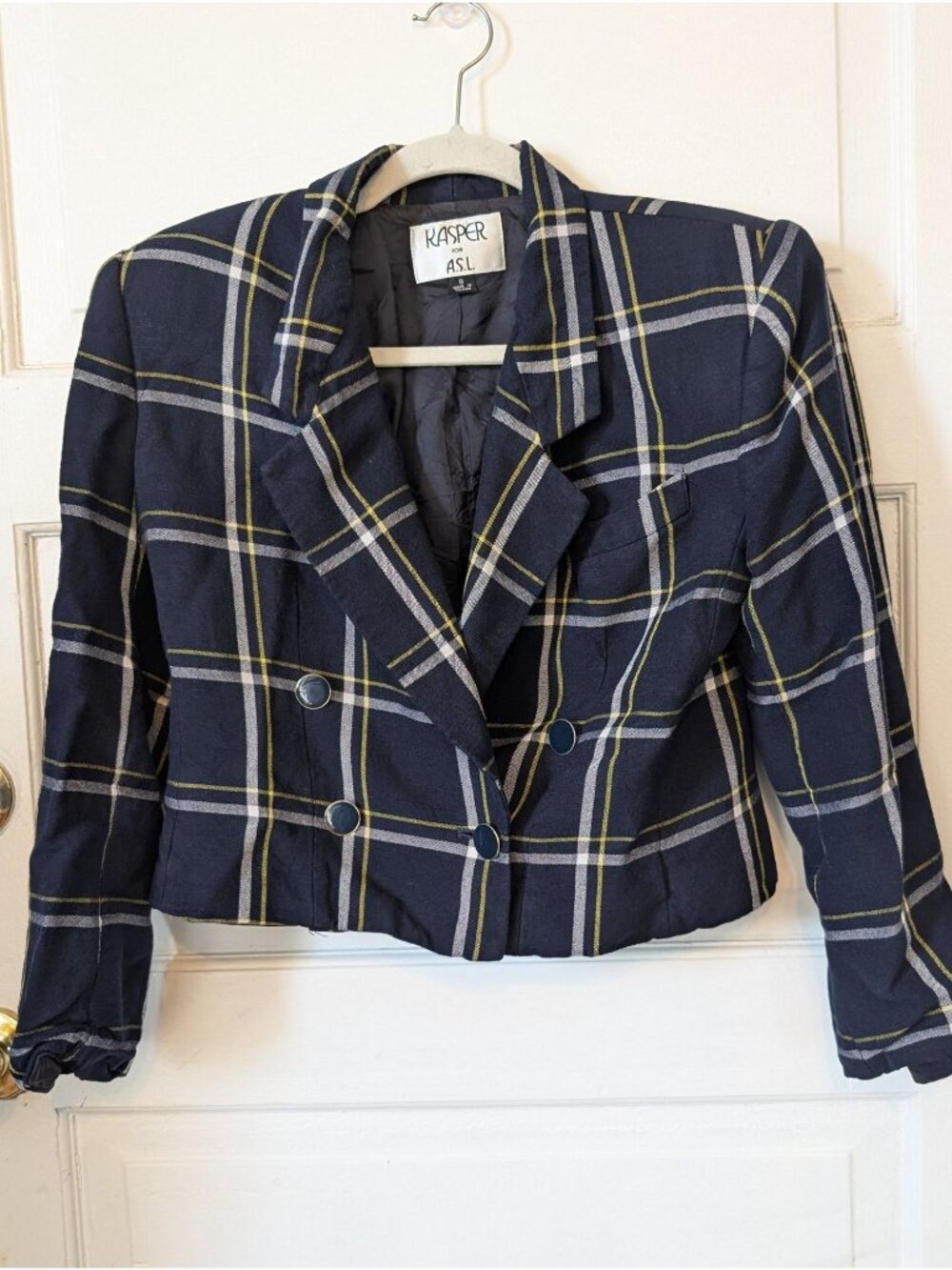 Vintage Kasper Double-breasted Cropped Navy Window-payne Jacket Size 8 Y2K